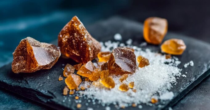 Macro shot of of resistant starch crystals scattered on a black slate with soft backlight, extreme close-up, minimal and scientific, crisp texture