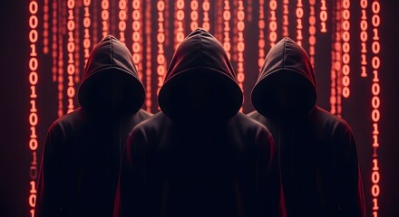 Three hooded figures stand against a backdrop of falling binary code, creating a mysterious and ominous scene, symbolizing cybersecurity risks.