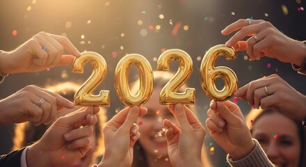 Celebrating the year 2026 with golden balloons, shared joy, and confetti against a warmly lit background. Future celebrations and happiness.