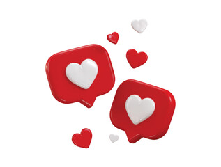 Two speech bubbles with red hearts icon 3d render concept of romantic communication or Valentine Day gifts, Romantic message or social media chat icon vector illustration