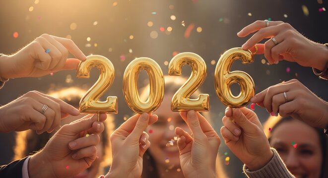 Celebrating the year 2026 with golden balloons, shared joy, and confetti against a warmly lit background. Future celebrations and happiness.