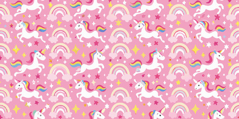 Whimsical unicorns and rainbows seamless pattern on a pink background with stars