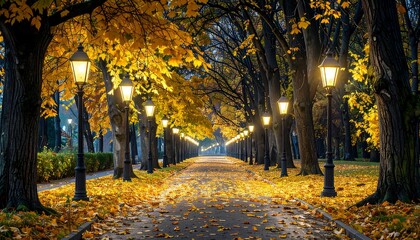 Autumnal park pathway at dusk