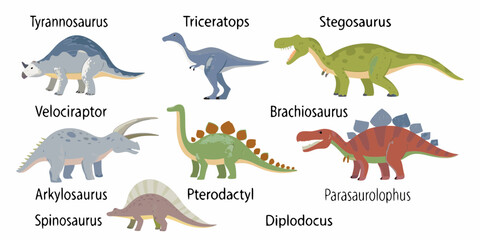 Collection of colorful cartoon dinosaurs labeled with their names tyrannosaurus triceratops stegosaurus © Juel