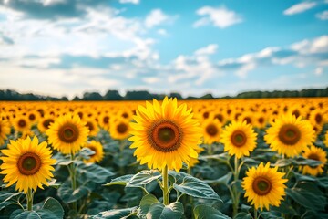 Fototapeta premium Sunflower field under blue sky with white clouds