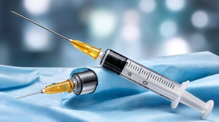 Syringe and vial containing injectable drug resting on blue medical scrubs