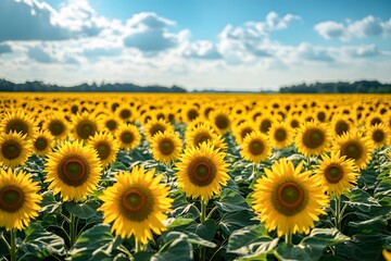 Fototapeta premium Sunflower field under blue sky with white clouds