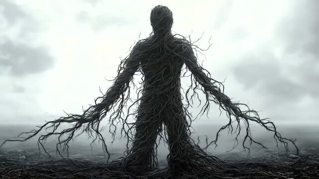 A figure resembling a monstrous tree, shrouded in a somber, barren landscape.