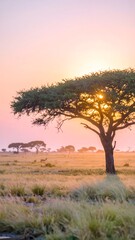 Obraz premium Sunrise African savanna, lone acacia tree