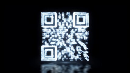 A glowing, light blue QR code with a digital, holographic effect on a dark, reflective surface, suggesting modern technology and data. - Powered by Adobe