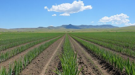 Green onion field with mountain view and vibrant blue sky in background. Use for agriculture, fresh produce, or a serene rural landscape concept.
