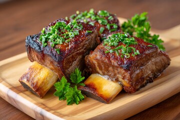 Delicious beef short ribs garnished with chives resting on wooden cutting board