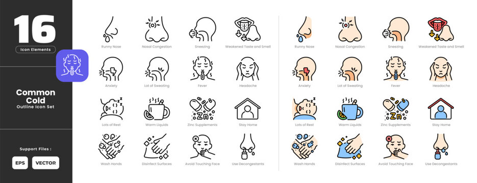 Common Cold Symptoms Icon Set Collection - Outline Line Art Style. Containing runny nose, nasal congestion, sneezing, taste, smell, anxiety, sweating, fever, headache, zinc supplement, decongestant
