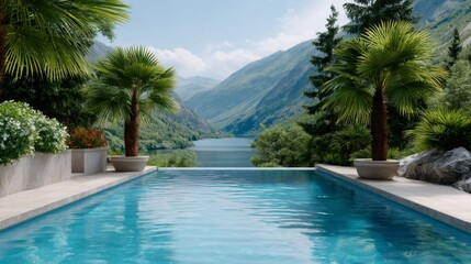 Fototapeta premium Infinity pool overlooking a mountain lake with palm trees