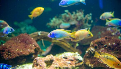 Fototapeta premium Vibrant fish in an aquarium display a beautiful array of colors against a dark backdrop.
