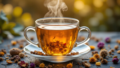 Steaming Herbal Tea with Dried Flowers &ndash; Cozy Autumn Beverage Scene