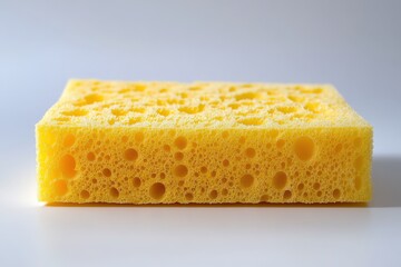 Yellow cellulose sponge with many holes against a white surface. It is useful for dishwashing, cleaning, and general household tasks.