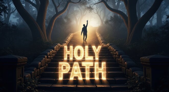 Silhouette Figure Ascending Illuminated Stone Steps in Misty Forest