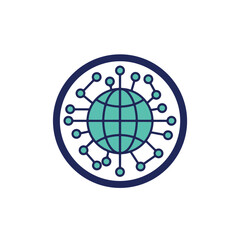 A teal globe icon encircled by a dark blue ring Smaller teal circles are connected by lines around the globe
