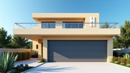 Fototapeta premium A modern, light beige house with a dark gray garage door and a balcony, featuring a large white letter H, sits on a sunny, landscaped lot.