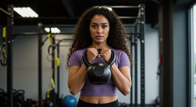 Focused African American woman holding kettlebell in ready position wearing purple athletic wear showcasing functional strength training and fitness dedication horizontal
