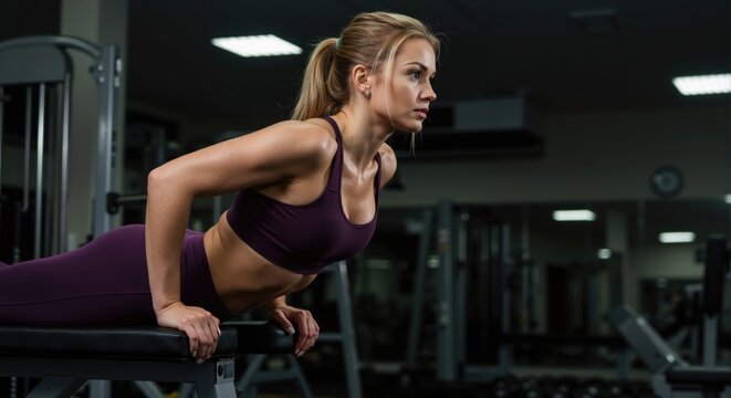Athletic blonde woman in push up position wearing purple sportswear showcasing upper body strength training and core stability exercise horizontal