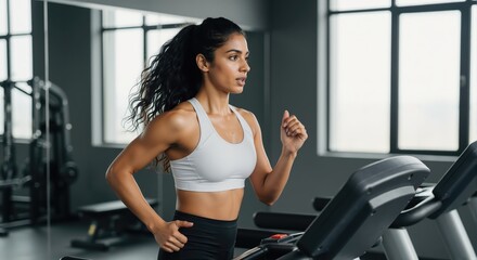 Athletic woman running on treadmill in industrial gym with large windows, white sports bra, dynamic cardio workout for fitness membership promotional campaigns horizonta