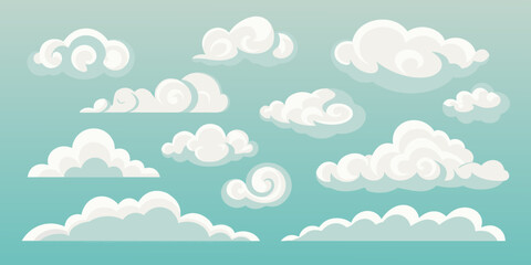 Collection of stylized white clouds floating in a clear blue sky