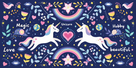 Whimsical unicorns and rainbows with magic love and hobby text on a dark blue background