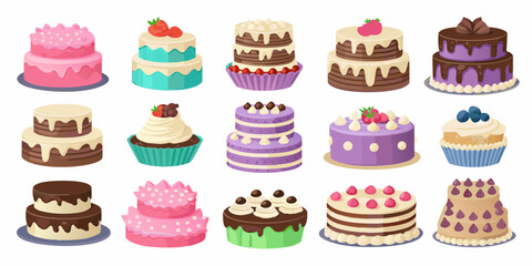 A collection of deliciously decorated cakes and cupcakes in a variety of colors and flavors