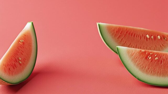 Three watermelon wedges with seeds arranged on a pink background