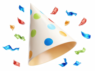 Colorful party hat with confetti captured in depth of field highlighting fun and celebration for birthdays and events isolate on transparent background PNG