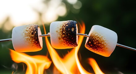 Marshmallows roasting over an open campfire outdoors