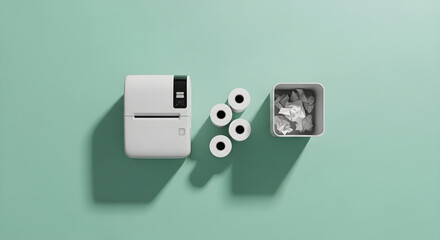 White thermal printer four paper rolls and waste bin filled with crumpled paper on a mint green