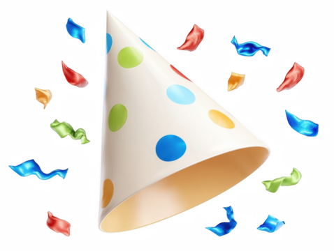 Colorful party hat with confetti captured in depth of field highlighting fun and celebration for birthdays and events isolate on transparent background PNG