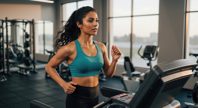 Confident woman on treadmill in modern gym wearing turquoise sports bra, determined expression for fitness center advertising and health club membership horizontal - Powered by Adobe
