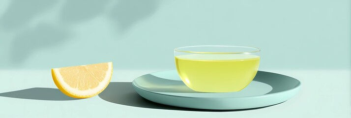 Minimalist still life with tea cup lemon slice and tray in soft pastel colors