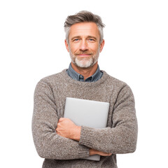 Professional middle-aged man with laptop on transparent background