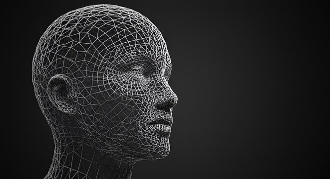 Abstract wireframe head rendering with dramatic lighting and dark background - Powered by Adobe