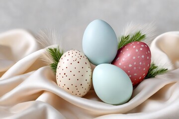 Fototapeta na wymiar Easter eggs with pastel colors resting on soft beige silk cloth