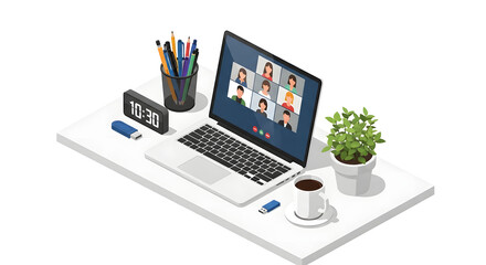 Isometric Detailed Laptop with Video Conference Scene Technology Illustration