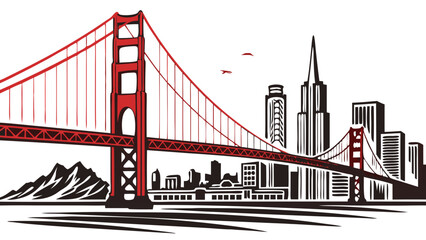 Fototapeta premium Golden gate bridges iconic silhouette against san franciscos skyline during golden hour. Perfect for travel brochures, website backgrounds, and cityscapethemed designs.
