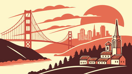 Obraz premium Iconic golden gate bridge over water with city and church in background. Perfect for travel blogs, california tourism, or architectural designs.