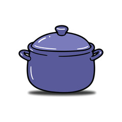 Purple cooking pot sits on a white surface, casting a subtle shadow, suggesting a simple, cartoonish kitchen scene.