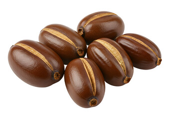 Closeup macro of six glossy brown jojoba seeds isolated on white. Organic natural ingredient for food, drink, oil, and skincare products. Isolated on white or transparent background. PNG format.