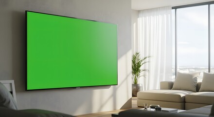 Modern living room interior with a large wall-mounted television featuring a green screen for mockup or template use