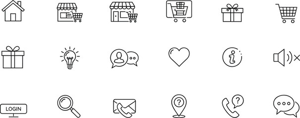 Ecommerce icons, website interface symbols, shopping cart, gift box, login button, search, location pin, customer support, mute, heart, email