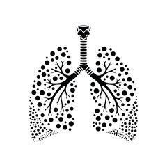 Human lungs depicted with black dots showing respiratory system in minimalist style, representing health and anatomy on white backdrop.