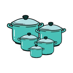 Turquoise cookware pots arranged neatly on a white surface, showcasing kitchen essentials in a clean and modern style.