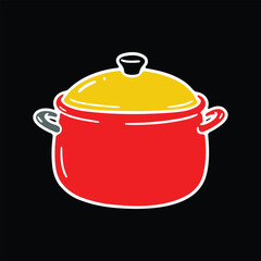 Red cooking pot with yellow lid sits on a black surface, ready for culinary creations in a kitchen setting, showcasing simplicity and vibrancy.
